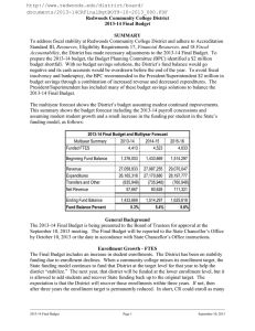 Redwoods Community College District 2013-14 Final Budget SUMMARY