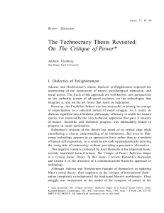 The Technocracy Thesis Revisited: The Critique of Power* I. Dialectics of Enlightenment
