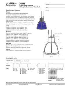 CGM8 8&#34; Metal Halide Stemlight with Acrylic, Aluminum or Glass Shade Specifications/Features
