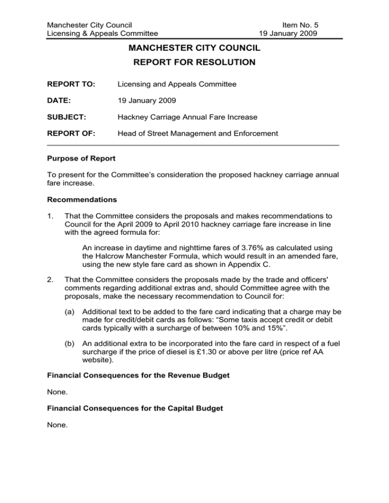 MANCHESTER CITY COUNCIL REPORT FOR RESOLUTION