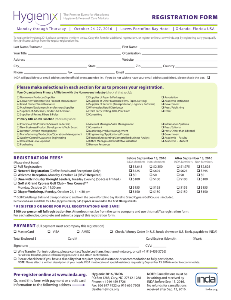 REGISTRATION FORM Monday Through Thursday