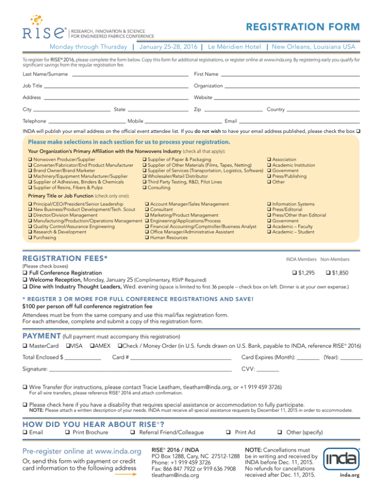 REGISTRATION FORM Monday Through Thursday