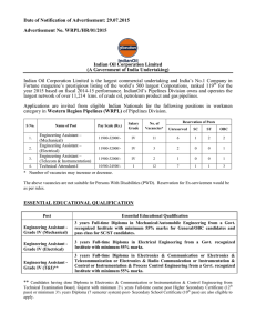 Date of Notification of Advertisement: 29.07.2015  Advertisement No. WRPL/HR/01/2015