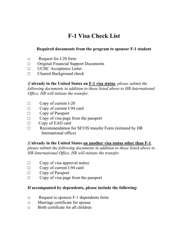 F 1 Visa Check List