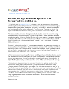 Solyndra, Inc. Signs Framework Agreement With Germany’s alwitra GmbH &amp; Co.