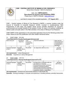 – CENTRAL INSTITUTE OF MINING &amp; FUEL RESEARCH CSIR