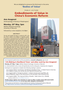 Embodiments of Value in China’s Economic Reform ‘Bodies of Value’ Ann Anagnost