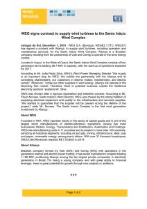 NEWS RELEASE  WEG signs contract to supply wind turbines to the Santo...