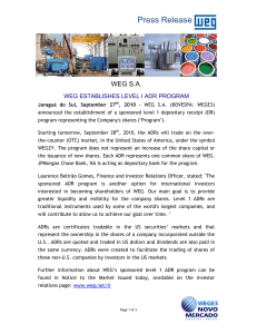 Press Release WEG S.A.  WEG ESTABLISHES LEVEL I ADR PROGRAM