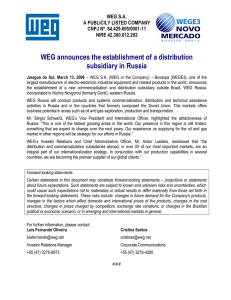 WEG announces the establishment of a distribution subsidiary in Russia  WEG S.A.