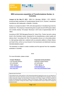 NEWS RELEASE WEG announces acquisition of Transformadores Suntec, in Colombia