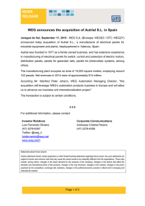 NEWS RELEASE  WEG announces the acquisition of Autrial S.L. in Spain