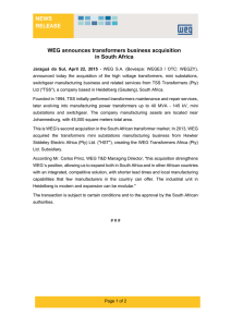 NEWS RELEASE WEG announces transformers business acquisition in South Africa