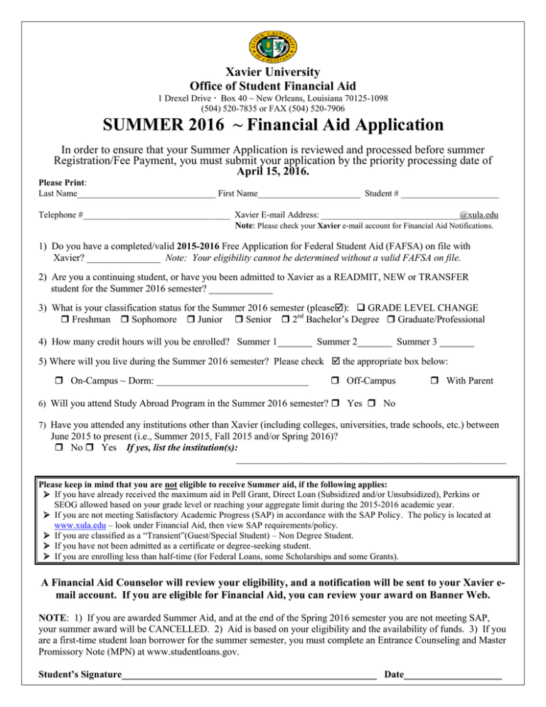 SUMMER 2016 Financial Aid Application Xavier University