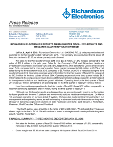 Press Release RICHARDSON ELECTRONICS REPORTS THIRD QUARTER FISCAL 2015 RESULTS AND