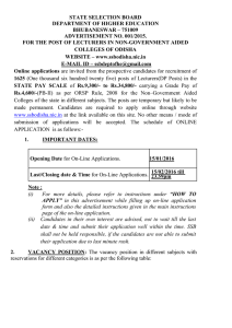 STATE SELECTION BOARD DEPARTMENT OF HIGHER EDUCATION BHUBANESWAR – 751009 ADVERTISEMENT NO. 001/2015.