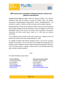 NEWS RELEASE WEG announces acquisition of German electric motors and gearbox manufacturer