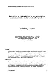 Innovation in Enterprises in a non-Metropolitan Area: CPROST Report # 99-02