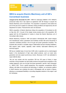 WEG to acquire Electric Machinery unit of GE’s Converteam business NEWS RELEASE
