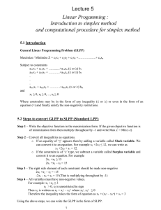 Lecture 5 Linear Progamming : Introduction to simplex method