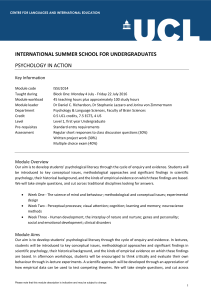INTERNATIONAL SUMMER SCHOOL FOR UNDERGRADUATES PSYCHOLOGY IN ACTION Key Information
