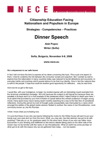 Dinner Speech Citizenship Education Facing Nationalism and Populism in Europe