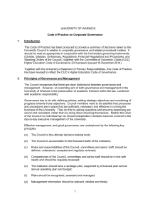 UNIVERSITY OF WARWICK Code of Practice on Corporate Governance 1.