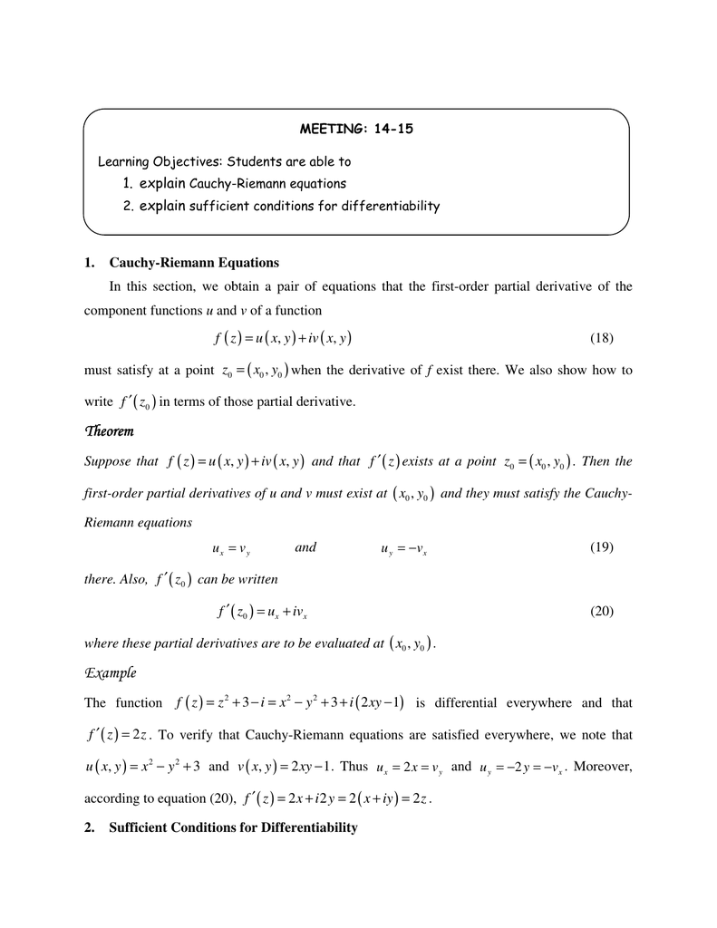 In This Section We Obtain Cauchy Riemann Equations 1