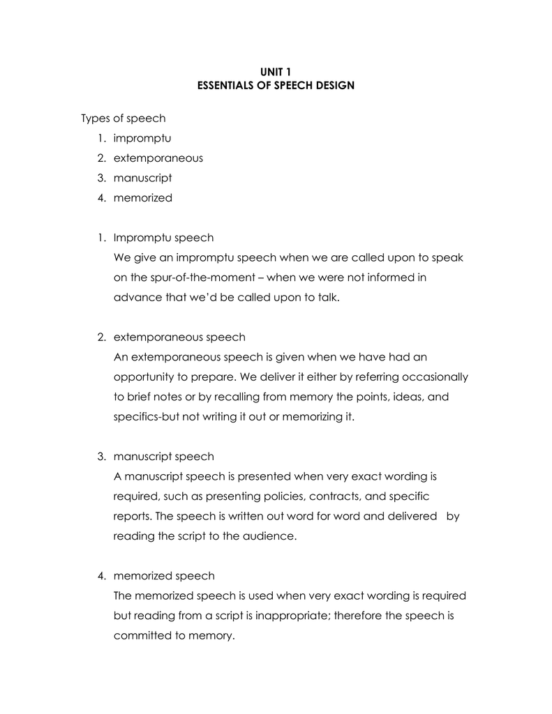 UNIT 27 ESSENTIALS OF SPEECH DESIGN Types of speech