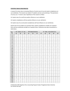  A research has been done to knowing influence of system ease of use and system completeness on  user satisfaction. The research use random 47 students and use survey technique. The questioners  STATISTICS TASK OF SPSS PRACTICE  