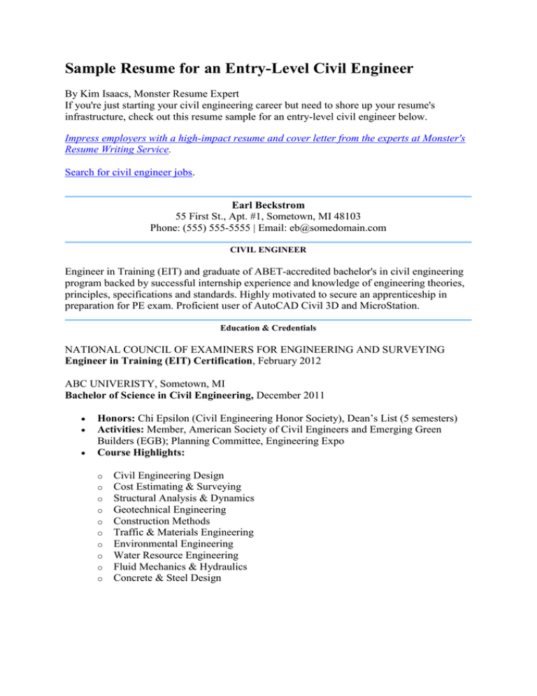 Sample Resume For An Entry Level Civil Engineer