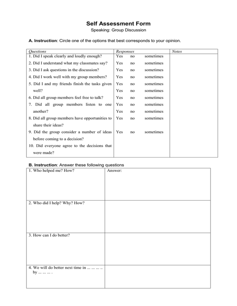 Self Assessment Form Self Assessment Form