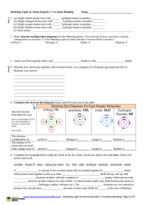 1.  (a) Single carbon atoms react with _______ hydrogen... (b) Single nitrogen atoms react with _______ hydrogen atoms to... Shedding Light on Atoms Episode 7: Covalent Bonding