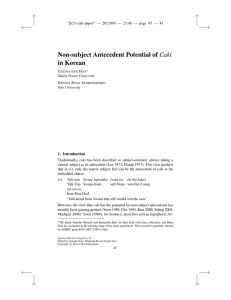 Non-subject Antecedent Potential of Caki in Korean 1. Introduction