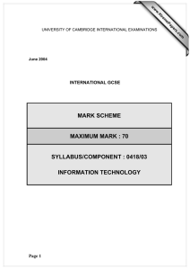 MARK SCHEME MAXIMUM MARK : 70 SYLLABUS/COMPONENT : 0418/03 INFORMATION TECHNOLOGY