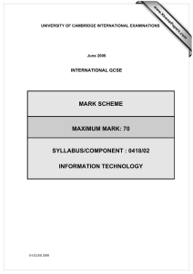 MARK SCHEME MAXIMUM MARK: 70 SYLLABUS/COMPONENT : 0418/02 INFORMATION TECHNOLOGY