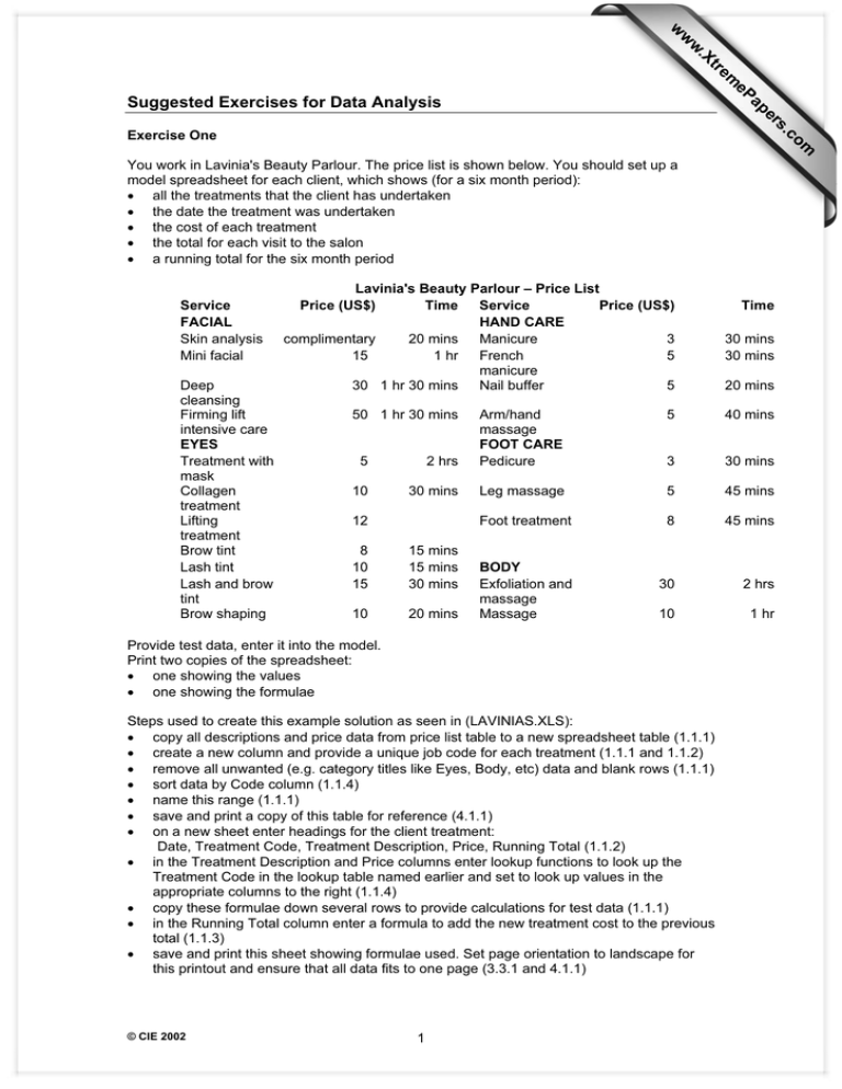 Suggested Exercises For Data Analysis 