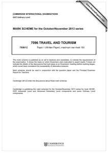 7096 TRAVEL AND TOURISM  MARK SCHEME for the October/November 2013 series