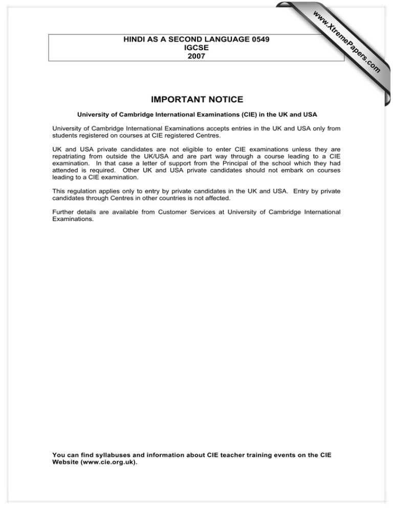 Important Notice Www Xtremepapers Com Hindi As A Second Language 0549 Igcse