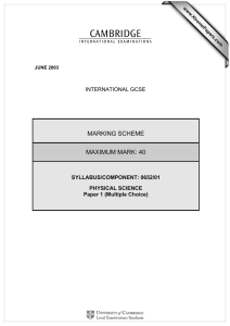 MARKING SCHEME MAXIMUM MARK: 40 INTERNATIONAL GCSE SYLLABUS/COMPONENT: 0652/01