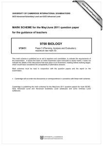 9700 BIOLOGY  MARK SCHEME for the May/June 2011 question paper