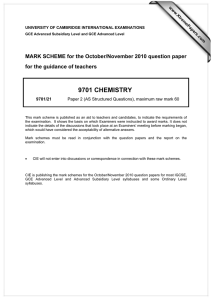 9701 CHEMISTRY  MARK SCHEME for the October/November 2010 question paper