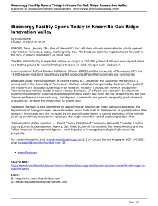 Bioenergy Facility Opens Today in Knoxville-Oak Ridge Innovation Valley