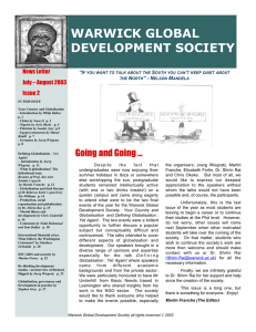 WARWICK GLOBAL DEVELOPMENT SOCIETY Going and Going … News Letter
