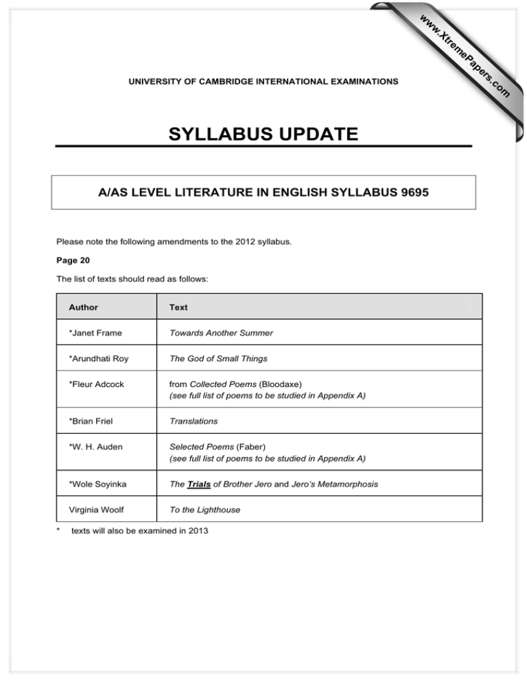 SYLLABUS UPDATE A AS LEVEL LITERATURE IN ENGLISH SYLLABUS 9695 Www 