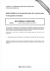 8670 FRENCH LITERATURE  MARK SCHEME for the October/November 2011 question paper