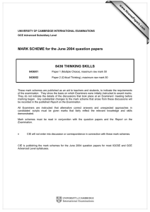 MARK SCHEME for the June 2004 question papers  8436 THINKING SKILLS www.XtremePapers.com
