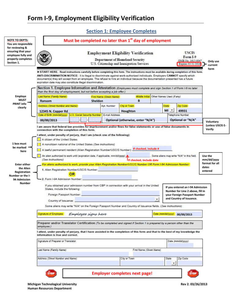 Form I 9 Employment Eligibility Verification Section 1 Employee Completes