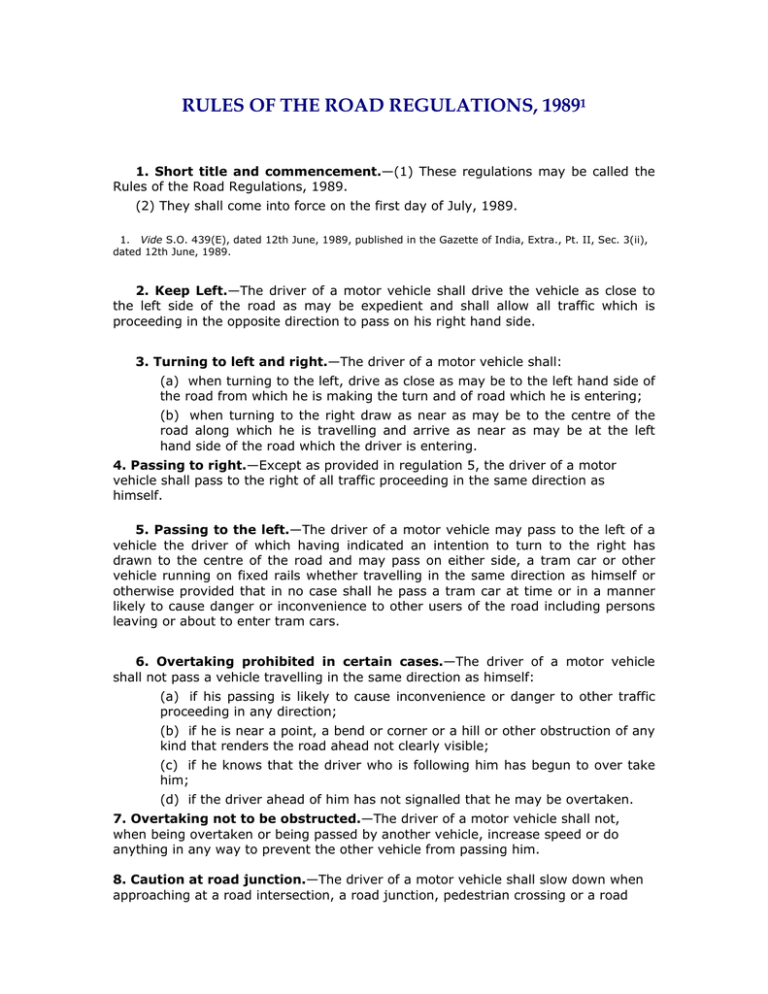 RULES OF THE ROAD REGULATIONS, 1989