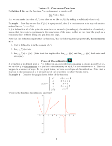 Lecture 5 : Continuous Functions lim f (x) = f (a).